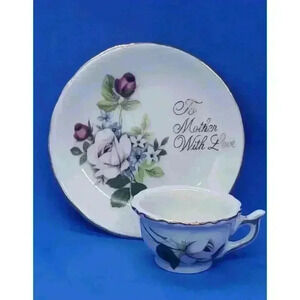 Vintage 2 Pc Miniature Tea Cup & Saucer Set Roses To Mother With Love Japan 50s